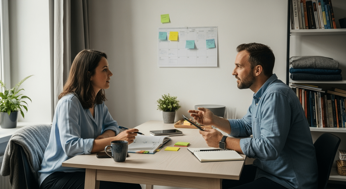 életvezetési tanácsadás: női kliens és tanácsadó asztalnál, tervezővel