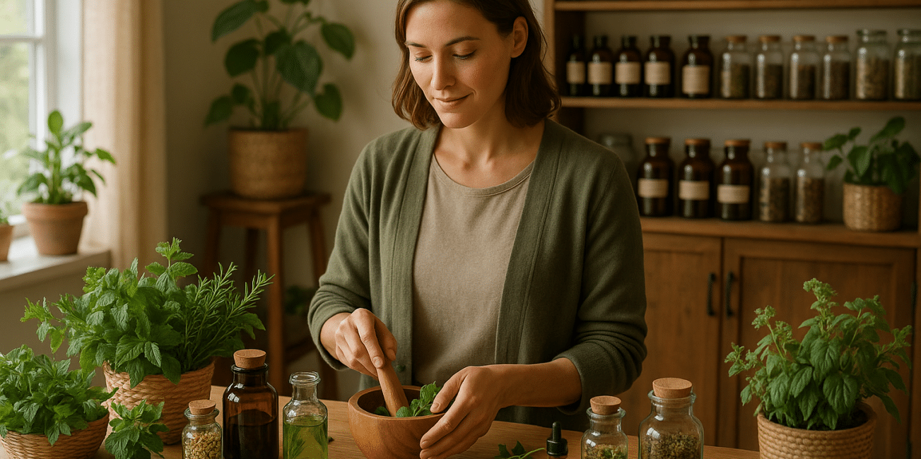 HerbClinic belső tér, gyógynövényes terápia és fitoterapeuta szakember a készítés közben