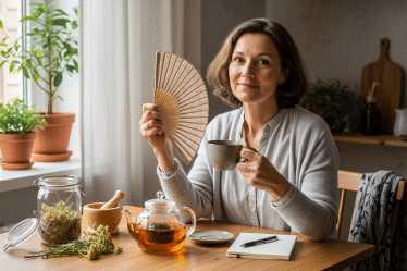 Középkorú nő teával és legyezővel változókori hőhullámok enyhítésére.