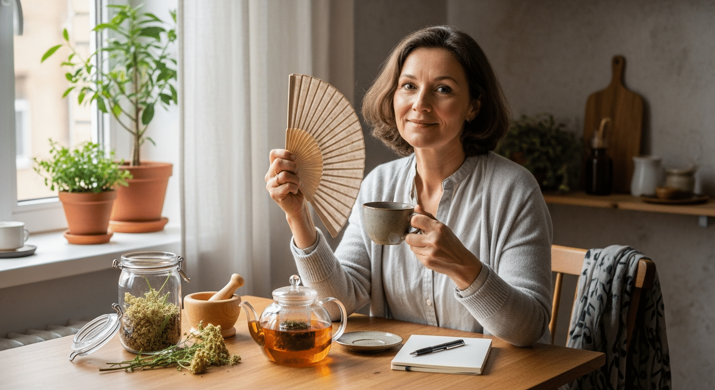 Középkorú nő teával és legyezővel változókori hőhullámok enyhítésére.