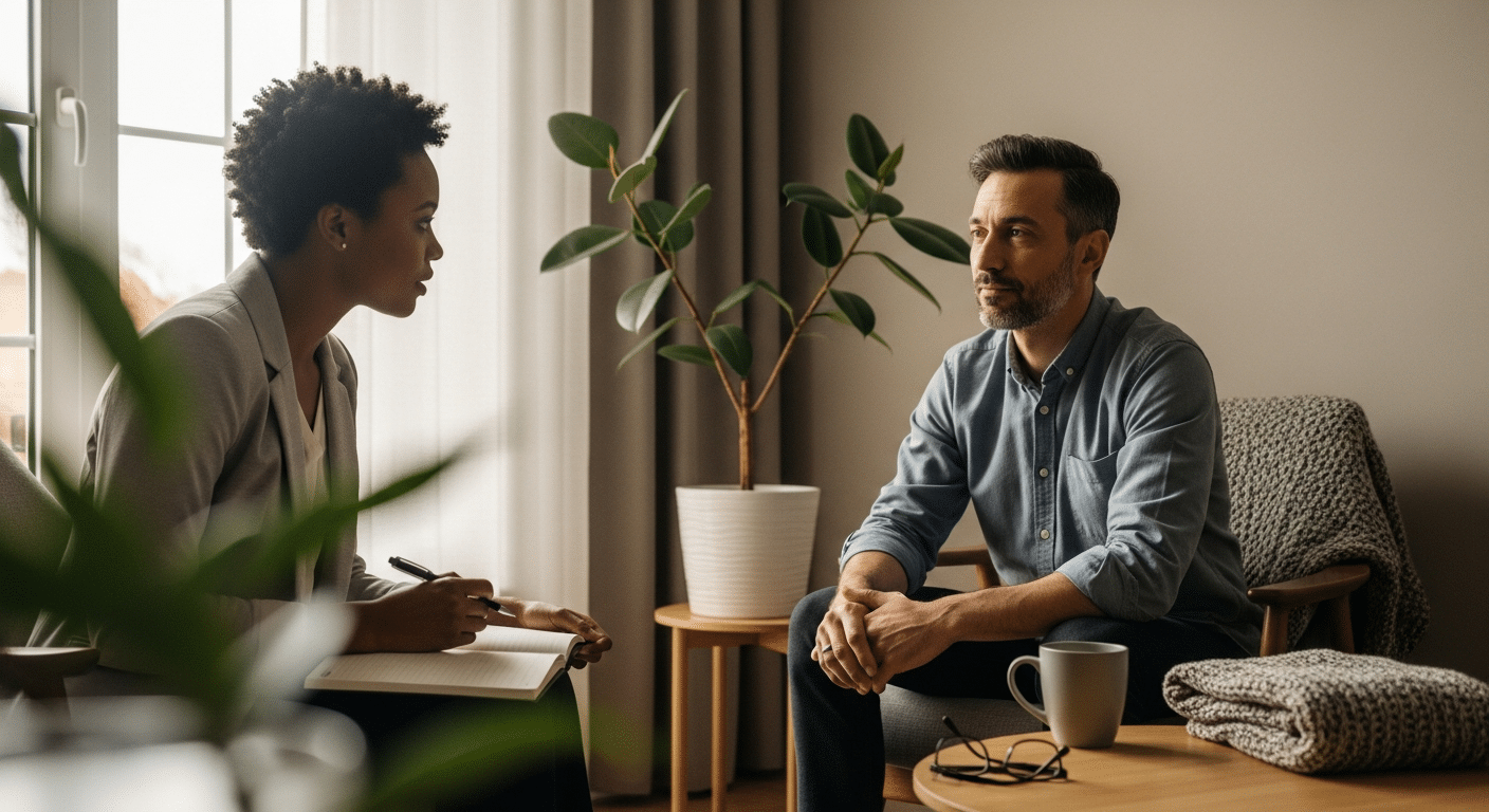 burn out tanácsadás: tanácsadó és kliens nyugodt irodai beszélgetése