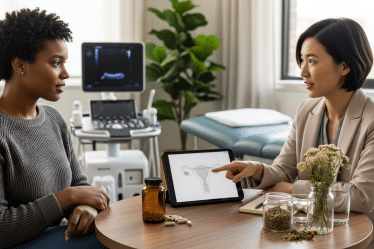 Nő és szakorvos konzultálnak a méhnyálkahártya vastagság támogatásáról