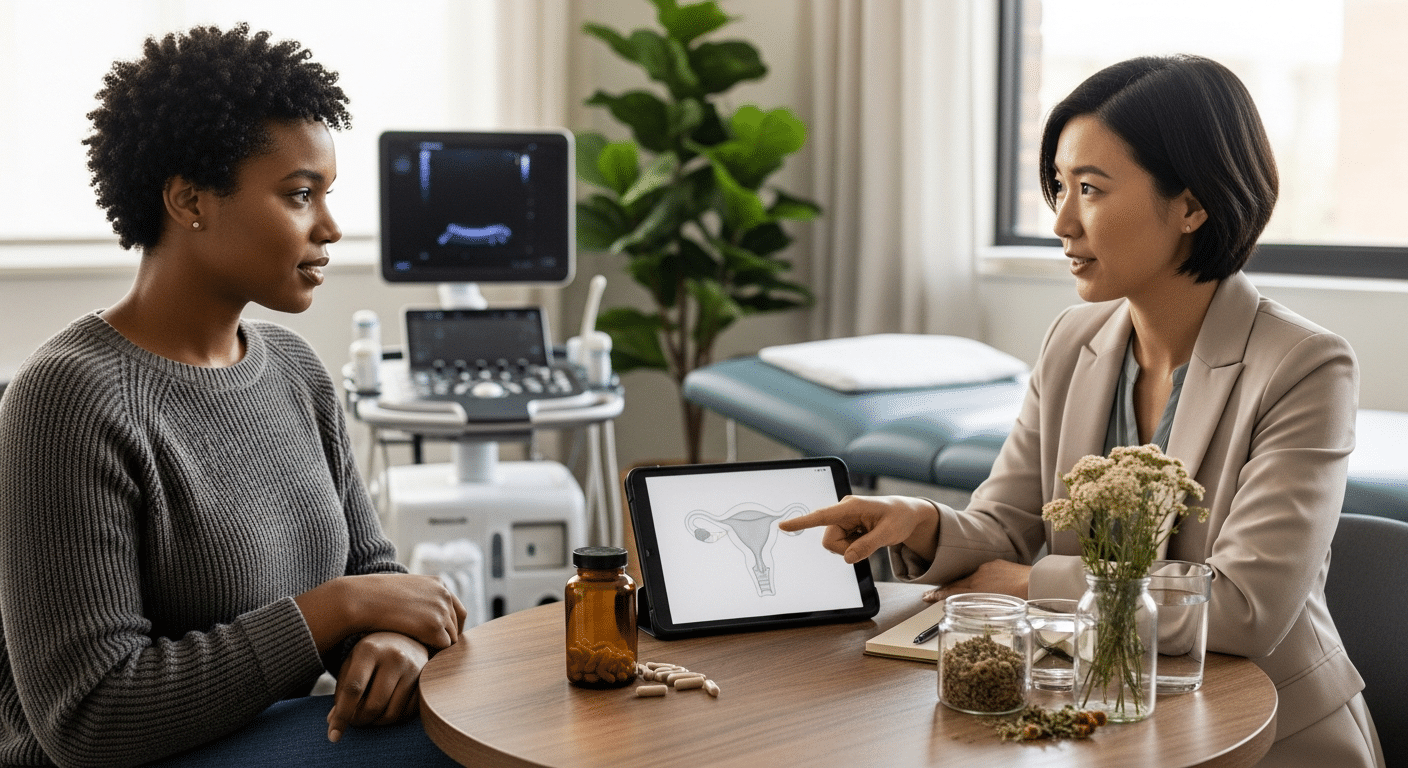 Nő és szakorvos konzultálnak a méhnyálkahártya vastagság támogatásáról