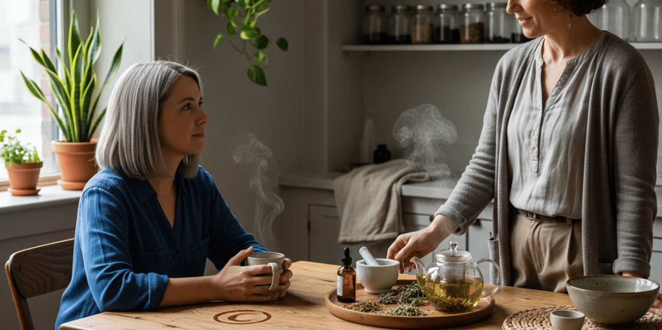 Modern fitoterápia konzultáció: női páciens és gyógynövények az asztalon