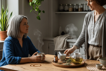 Modern fitoterápia konzultáció: női páciens és gyógynövények az asztalon