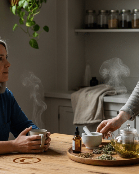 Modern fitoterápia konzultáció: női páciens és gyógynövények az asztalon