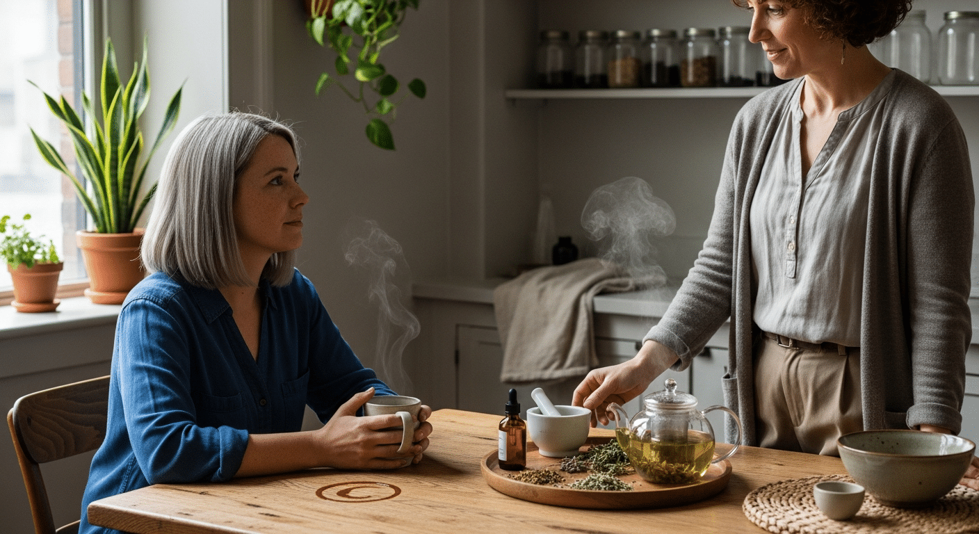 Modern fitoterápia konzultáció: női páciens és gyógynövények az asztalon