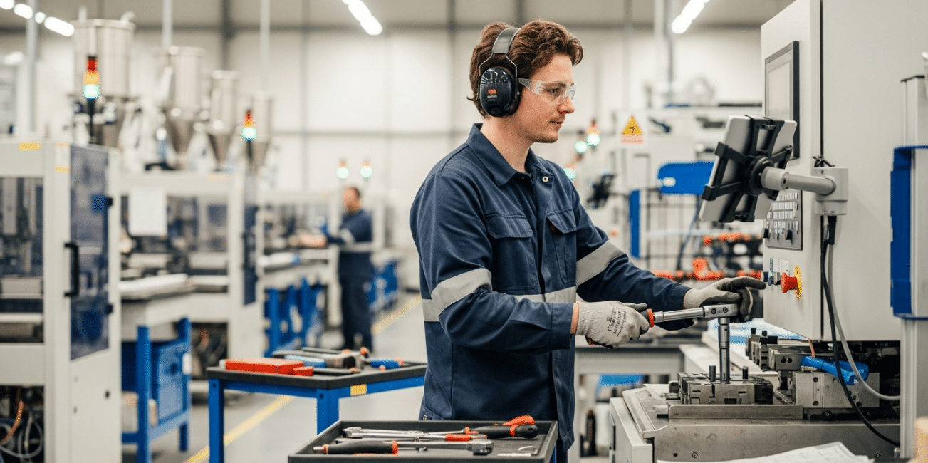 műanyagfeldolgozó munka: gépbeállító vákuumformázó gépet állít modern üzemben