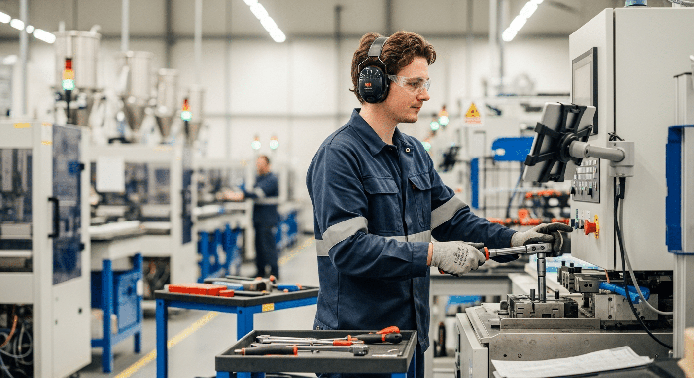 műanyagfeldolgozó munka: gépbeállító vákuumformázó gépet állít modern üzemben