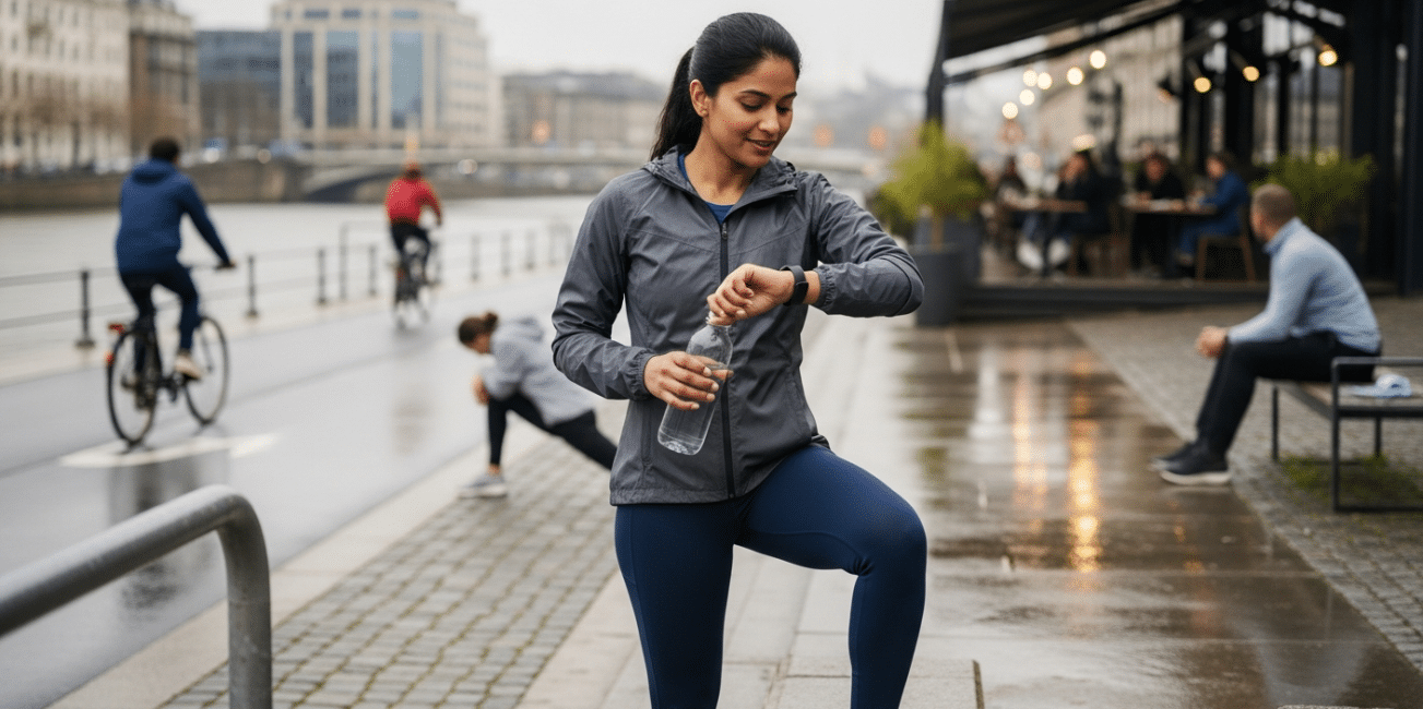 stressz és mozgás: dél-ázsiai nő ellenőrzi fitneszkarkötőjét városi folyóparton