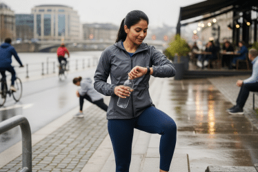 stressz és mozgás: dél-ázsiai nő ellenőrzi fitneszkarkötőjét városi folyóparton