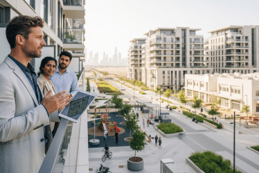 Férfi mutat tervet új fejlesztésre néző balkonnal, dubaji ingatlanfejlesztés