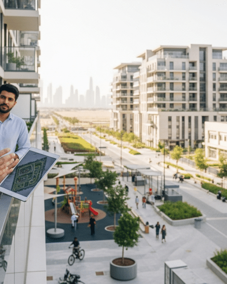 Férfi mutat tervet új fejlesztésre néző balkonnal, dubaji ingatlanfejlesztés