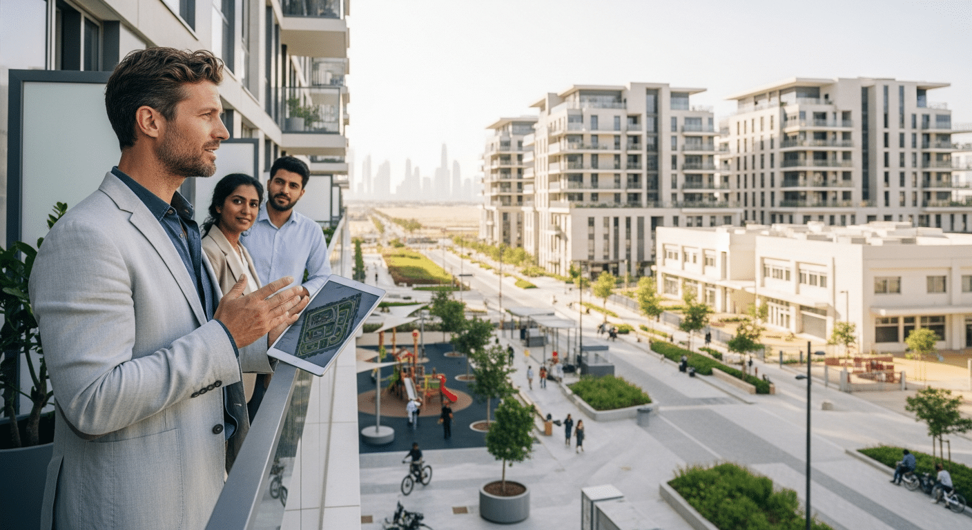 Férfi mutat tervet új fejlesztésre néző balkonnal, dubaji ingatlanfejlesztés