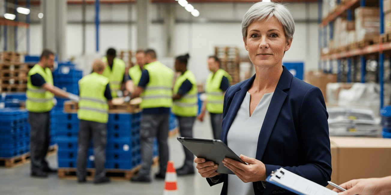 Női vezető rugalmas létszámkezelés közben ipari raktárban tablettel