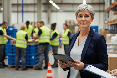 Női vezető rugalmas létszámkezelés közben ipari raktárban tablettel