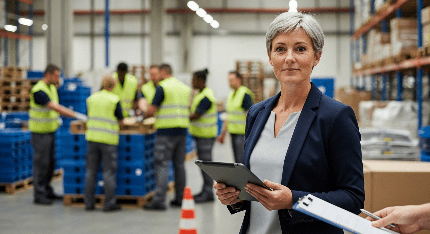 Női vezető rugalmas létszámkezelés közben ipari raktárban tablettel