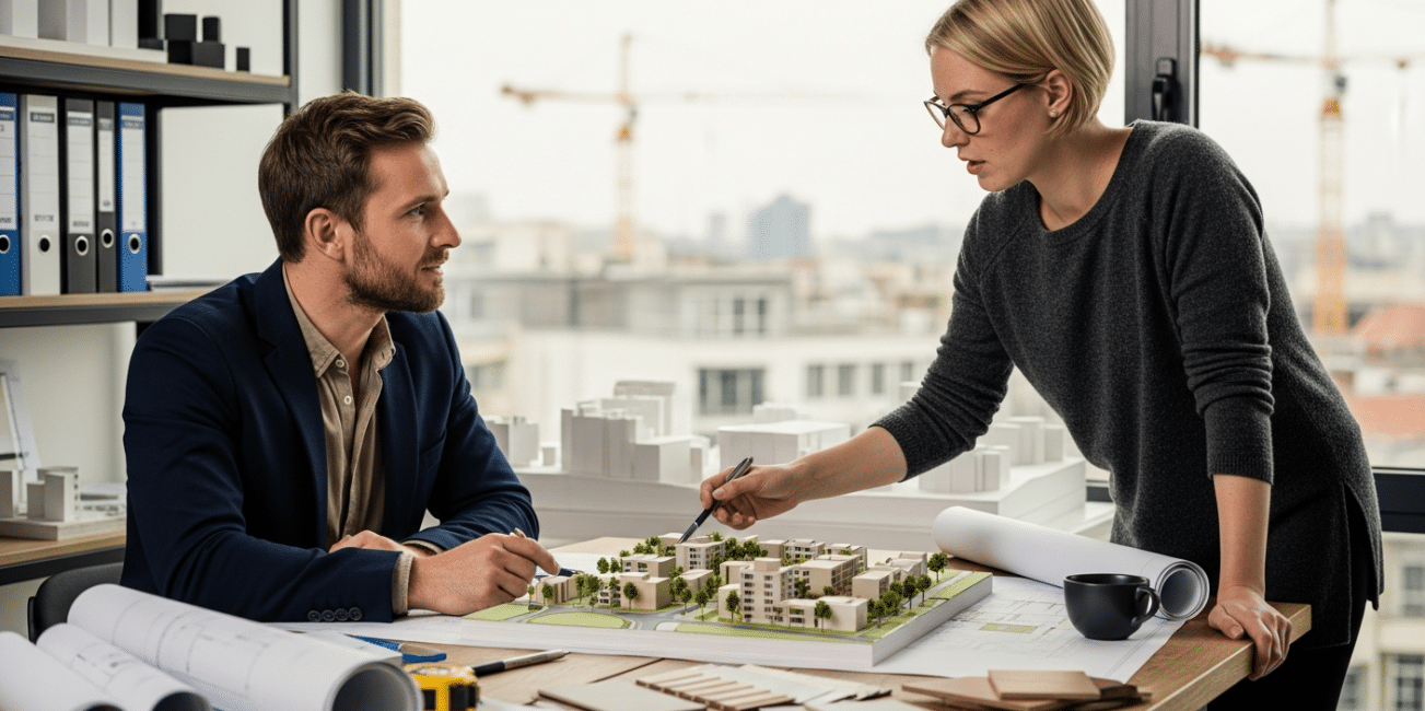 városfejlesztés szakemberek épületmodell mellett egyeztetnek