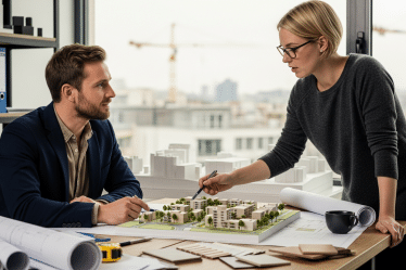 városfejlesztés szakemberek épületmodell mellett egyeztetnek