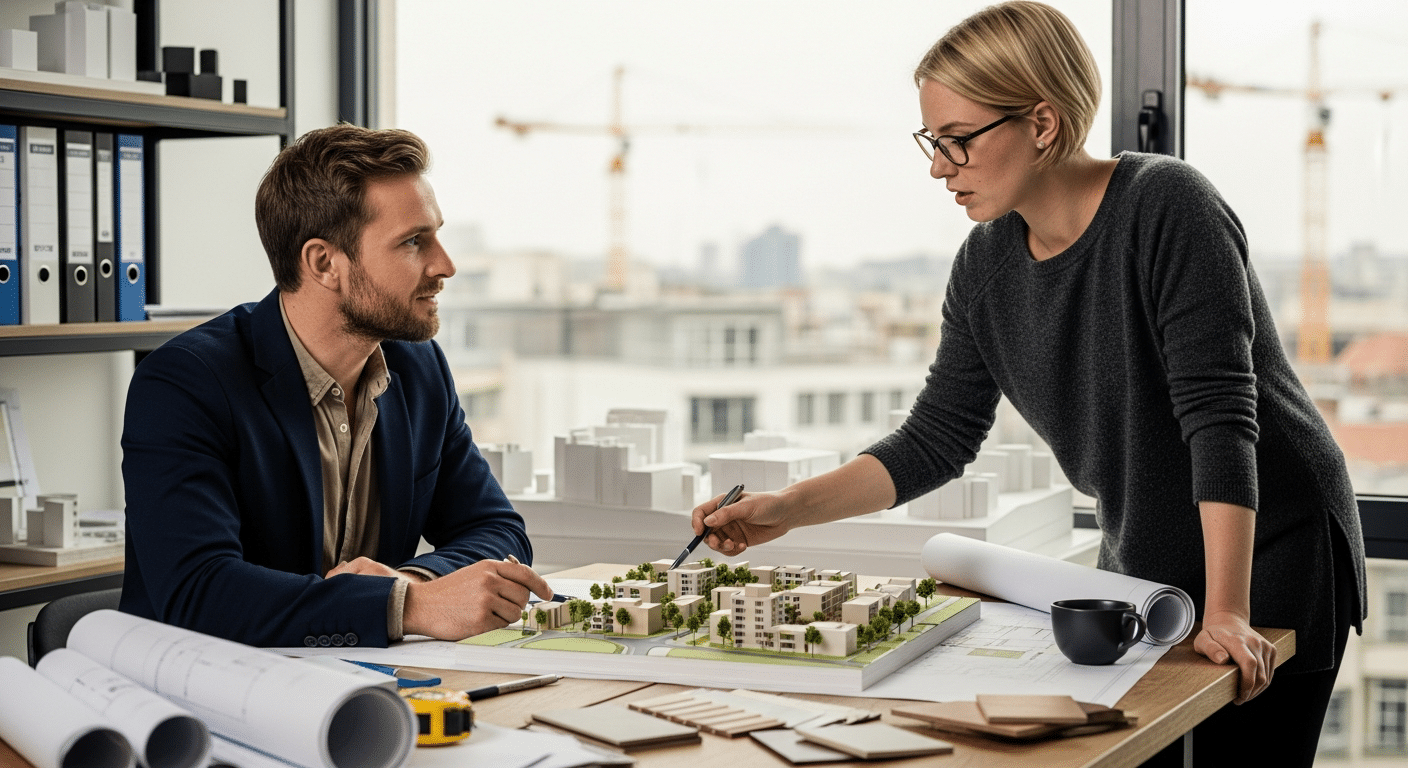városfejlesztés szakemberek épületmodell mellett egyeztetnek
