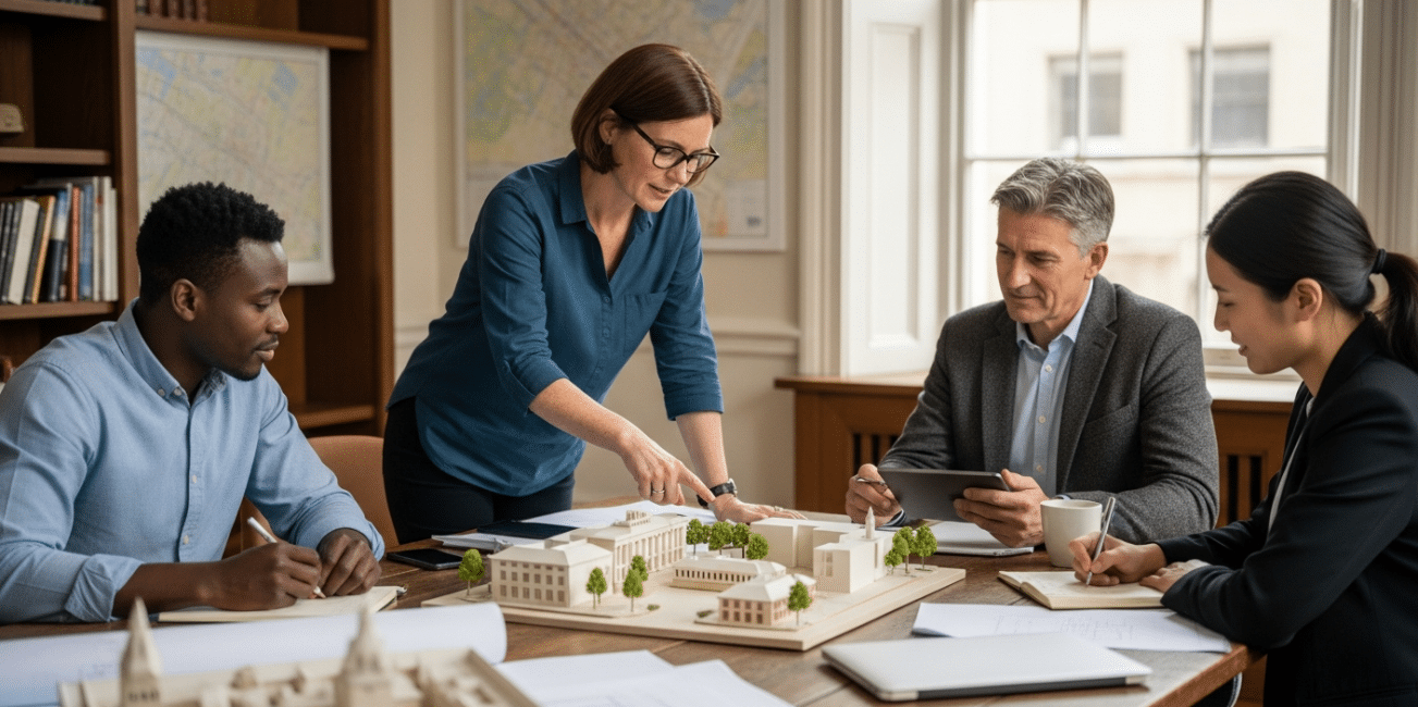 Csapat a régi városházában megvitatja városfejlesztési finanszírozási eszközök modelljét