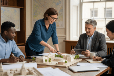 Csapat a régi városházában megvitatja városfejlesztési finanszírozási eszközök modelljét