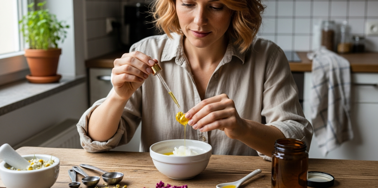 Nő házilag krémet készít, e-vitamin antioxidáns olajat csepegtet.