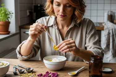 Nő házilag krémet készít, e-vitamin antioxidáns olajat csepegtet.