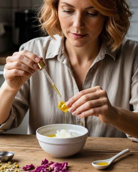 Nő házilag krémet készít, e-vitamin antioxidáns olajat csepegtet.