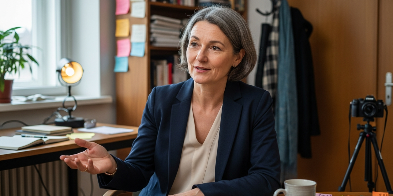 Fekete Zsuzsa médiaszereplés-tréner a stúdióban, figyelmesen hallgat