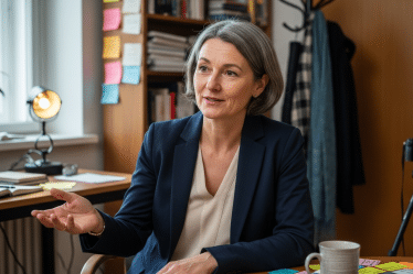 Fekete Zsuzsa médiaszereplés-tréner a stúdióban, figyelmesen hallgat
