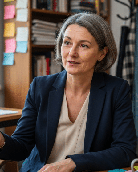 Fekete Zsuzsa médiaszereplés-tréner a stúdióban, figyelmesen hallgat