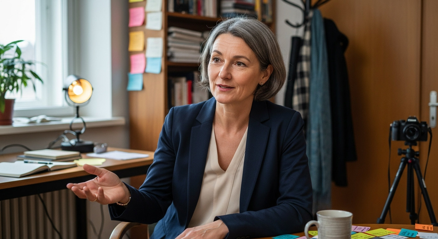 Fekete Zsuzsa médiaszereplés-tréner a stúdióban, figyelmesen hallgat