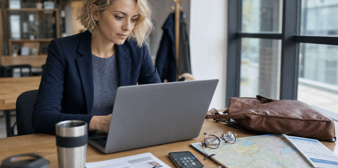 Nő laptopnál co‑working irodában álláslehetőségek böngészés közben