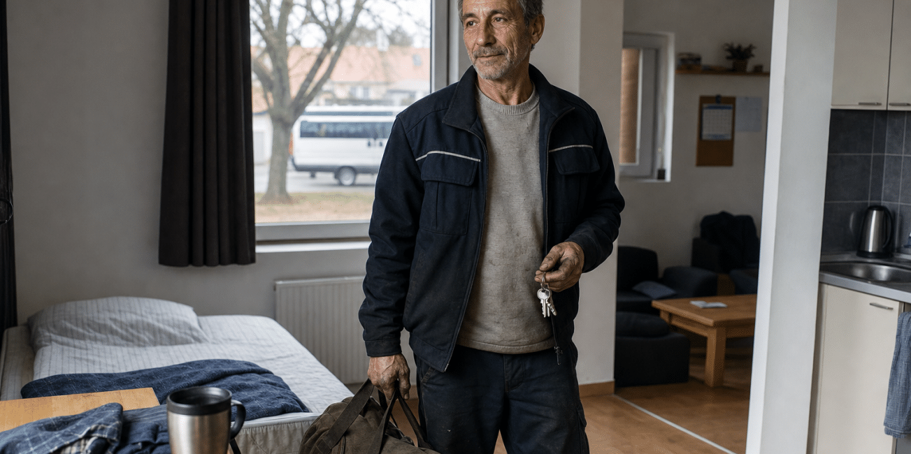 Késő ötvenes férfi munkásszállón táskával és kulcsokkal, munka-magánélet egyensúly