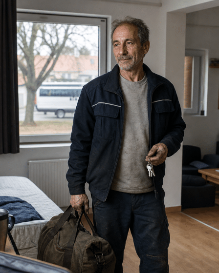 Késő ötvenes férfi munkásszállón táskával és kulcsokkal, munka-magánélet egyensúly