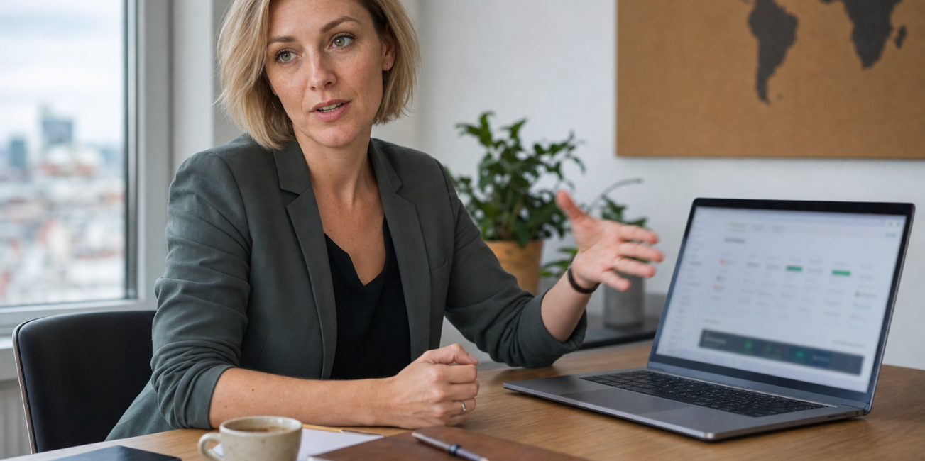 Startup alapítónő laptopnál magyarázva, prémium .hu domain nevek témája