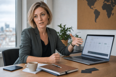 Startup alapítónő laptopnál magyarázva, prémium .hu domain nevek témája
