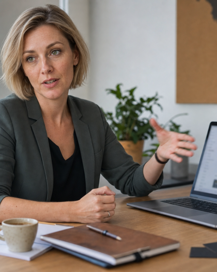 Startup alapítónő laptopnál magyarázva, prémium .hu domain nevek témája