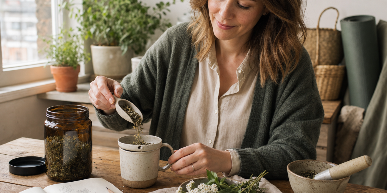 HerbClinic Női Ciklus teakeverék nő készít gyógynövényteát nyugodt konyhában