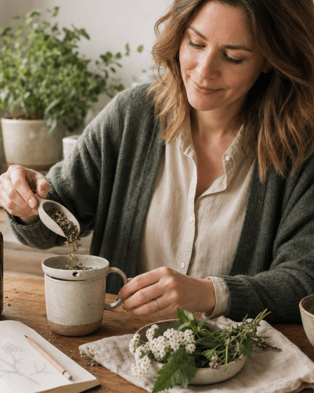 HerbClinic Női Ciklus teakeverék nő készít gyógynövényteát nyugodt konyhában