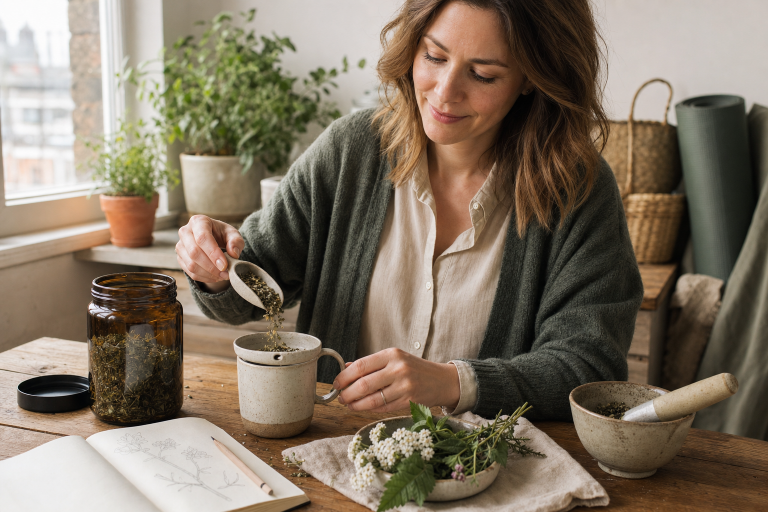 HerbClinic Női Ciklus teakeverék nő készít gyógynövényteát nyugodt konyhában