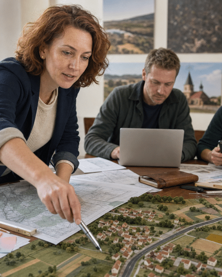 területfejlesztés: önkormányzati tervező mutat térségi térképre és makettre