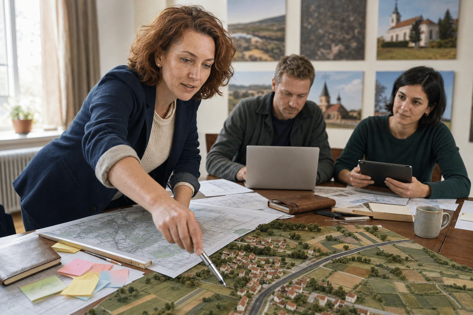 területfejlesztés: önkormányzati tervező mutat térségi térképre és makettre